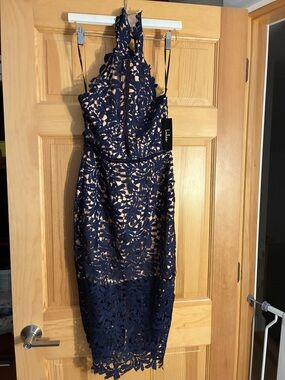 Lulu's Navy Lace Halter Midi Dress with Nude Lining